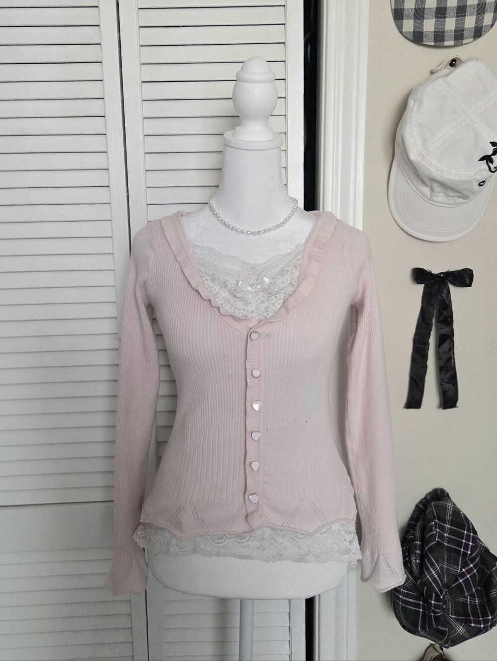 Light Pink Ribbed Long Sleeve Top with Lace Hem